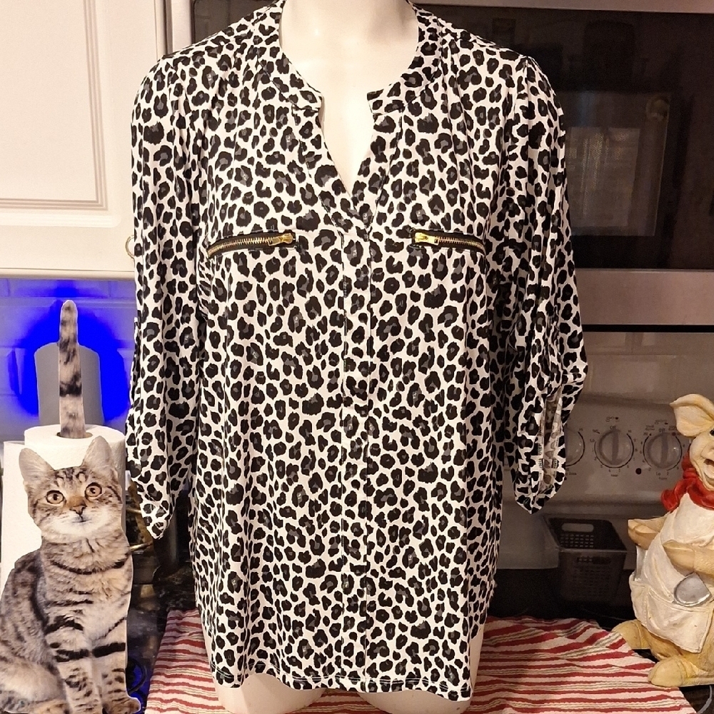 f Fyve Animal Print Stretch 3/4 Sleeve Pullover Tunic Plus Size 1X